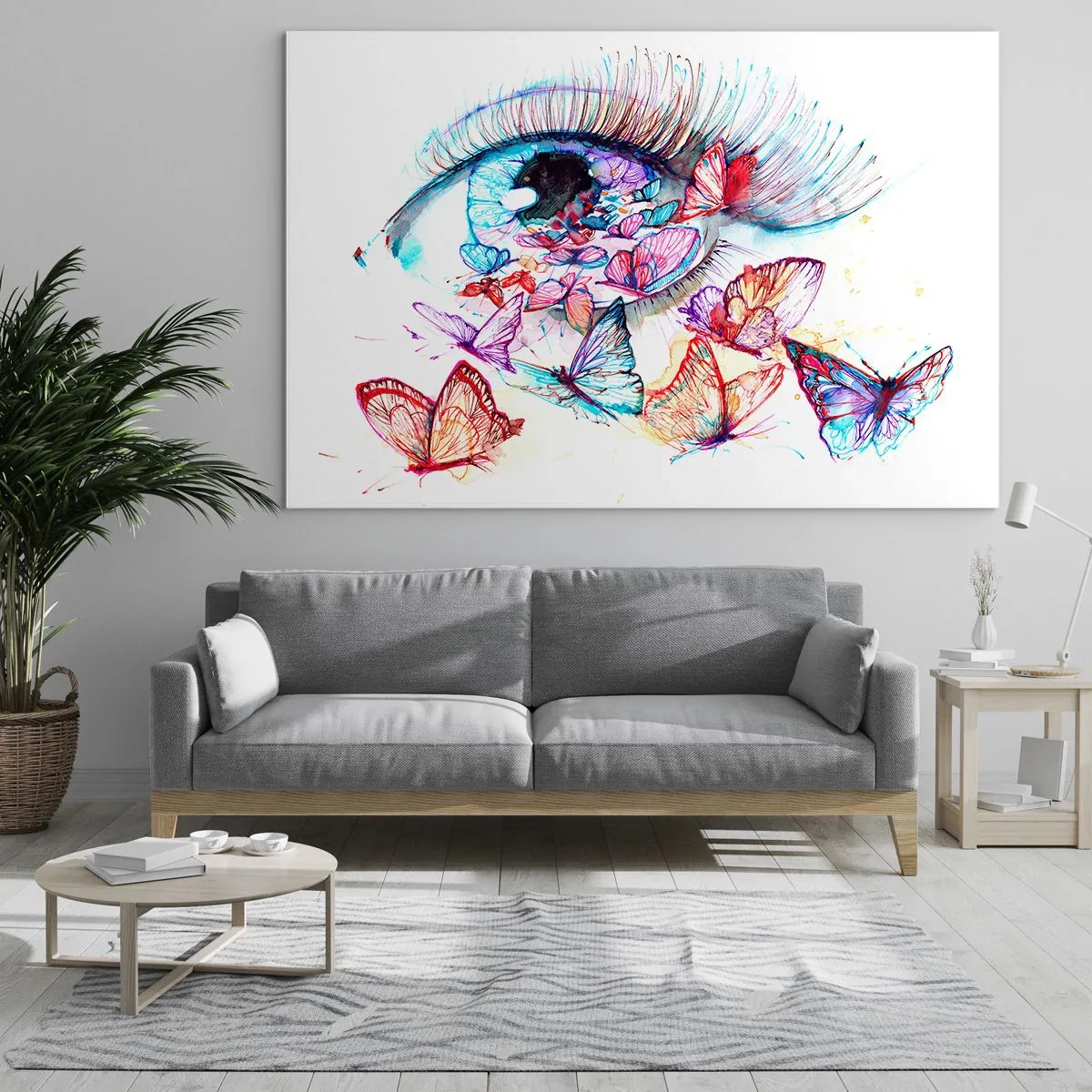Glasbild - Bild auf glas - Das Auge einer Frau, umgeben von bunten Aquarellschmetterlingen - 70x50cm - Märchenhafter Augenzauber - Moderne Wanddekoration für Wohnzimmer und Schlafzimmer ARTTOR