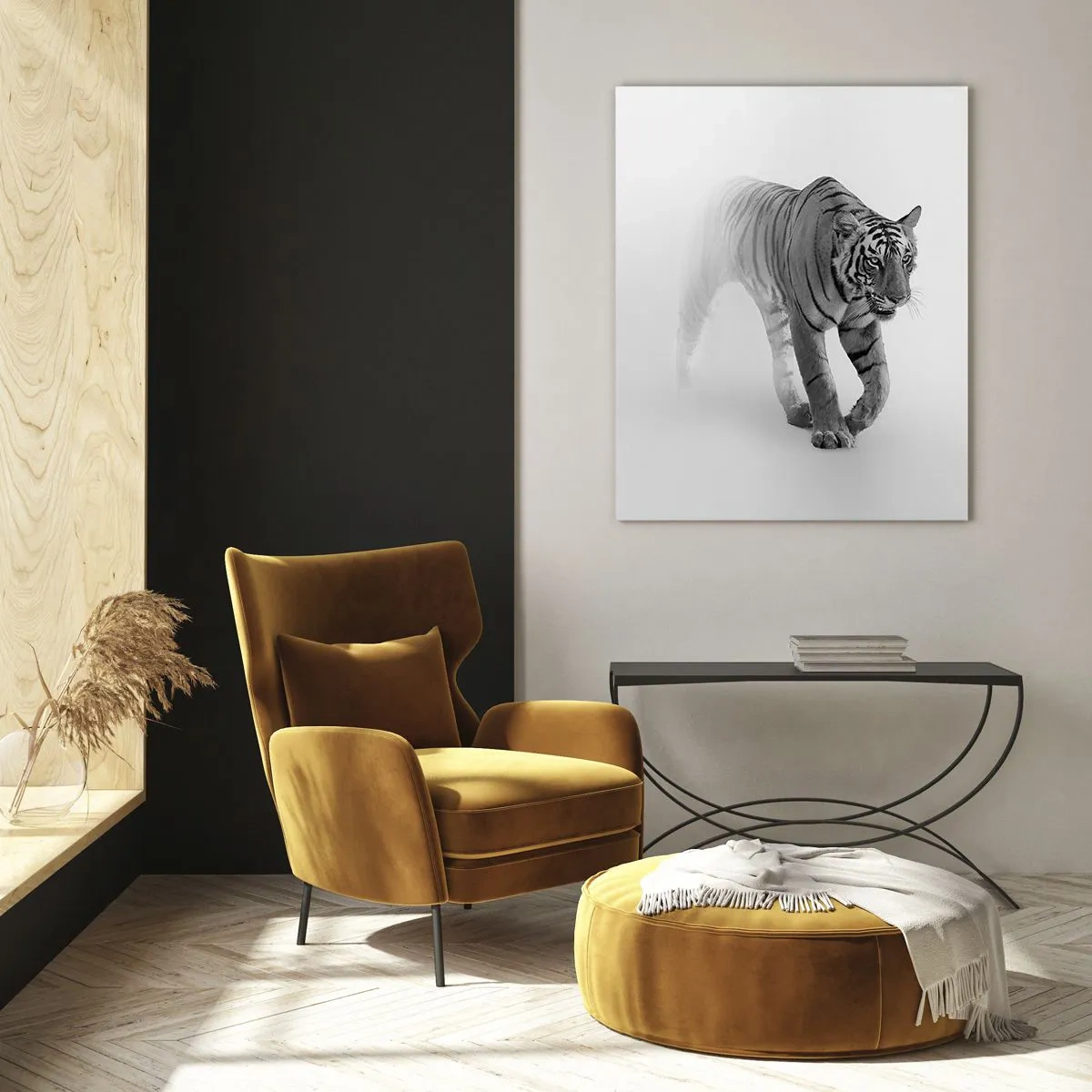 Glasbild - Bild auf glas - Ein Tiger taucht aus dem Nebel auf - 80x120cm - Im Nebel gelauert - Moderne Wanddekoration für Wohnzimmer und Schlafzimmer ARTTOR