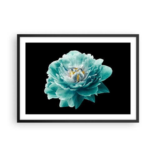 Poster in einem schwarzem Rahmen - Türkisfarbene Pfingstrose auf schwarzem Hintergrund - 70x50cm - Blaue und goldene Blütenblätter - Moderne Wanddekoration für Wohnzimmer und Schlafzimmer ARTTOR