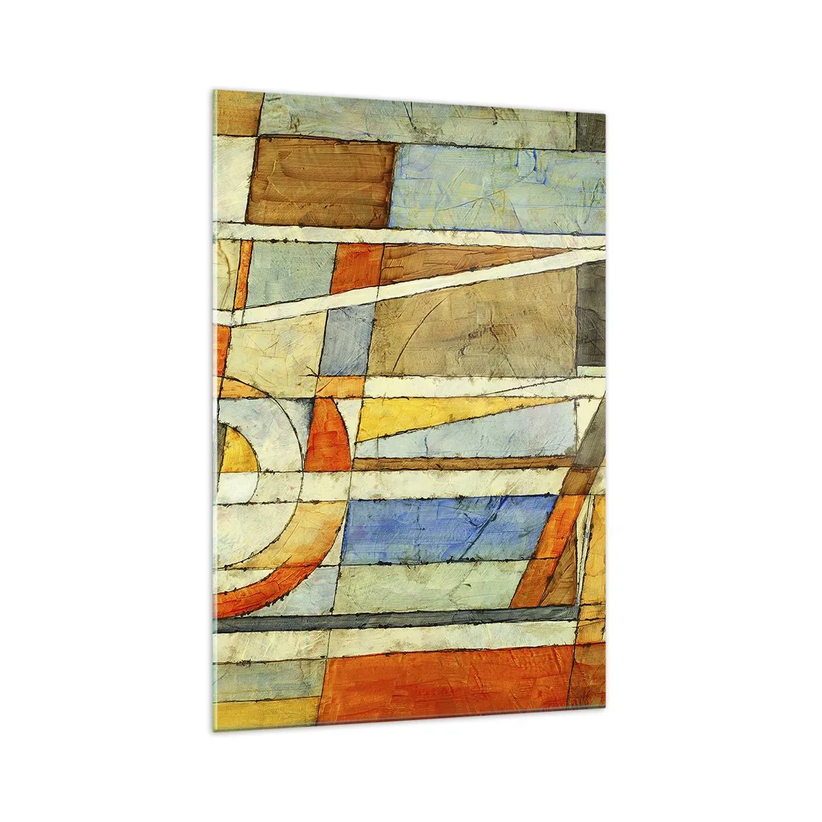 Glasbild - Bild auf glas - Geometrische Abstraktion in Beige-, Blau- und Orangetönen - 70x100cm - Kubismus auf der Baustelle - Moderne Wanddekoration für Wohnzimmer und Schlafzimmer ARTTOR