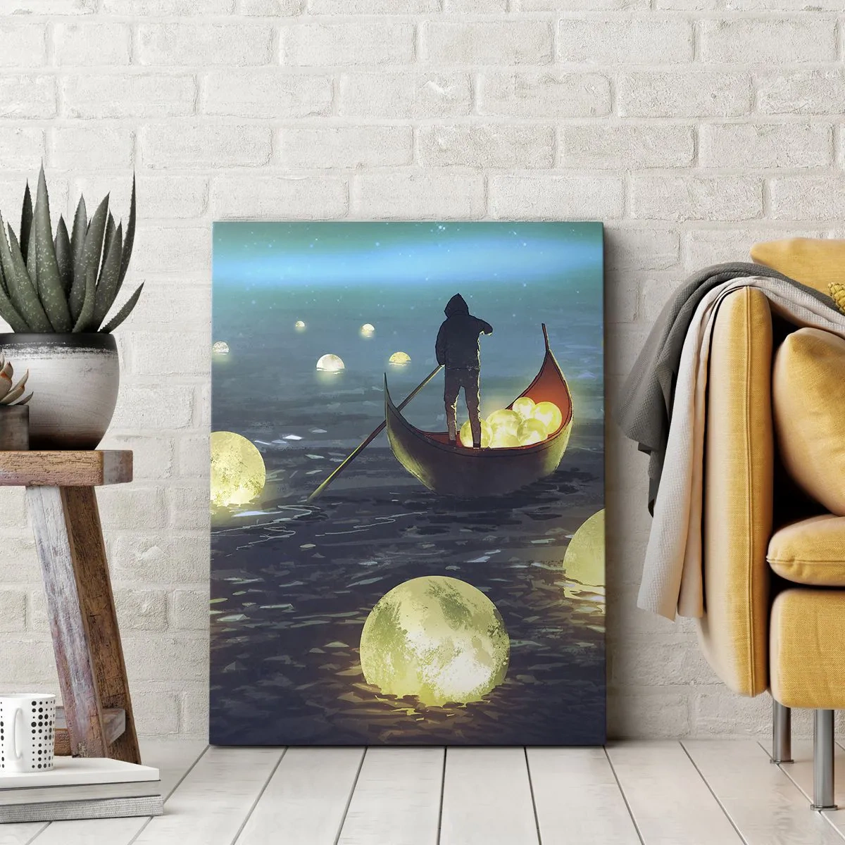Bild auf Leinwand - Leinwandbild - Eine Figur in einem Boot, umgeben von leuchtenden Kugeln auf dem Wasser - 70x100cm - Dinge, von denen Philosophen nie geträumt haben - Moderne Wanddekoration für Wohnzimmer und Schlafzimmer ARTTOR