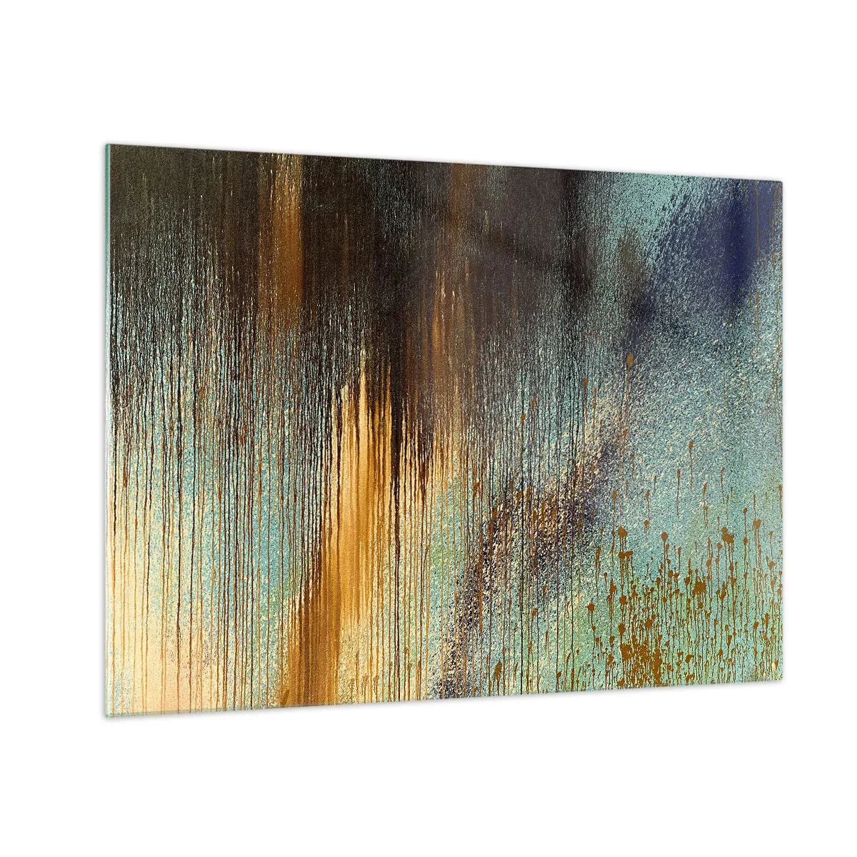 Glasbild - Bild auf glas - Abstrakte Linien und Punkte in Gold, Blau und Schwarz - 70x50cm - Eine nicht zufällige farbenfrohe Komposition - Moderne Wanddekoration für Wohnzimmer und Schlafzimmer ARTTOR