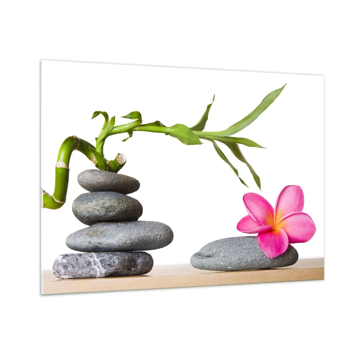 Glasbild - Bild auf glas - Bambus, rosa Blume und Steine auf weißem Hintergrund - 100x70cm - Farben des Lebens und der Dauer - Moderne Wanddekoration für Wohnzimmer und Schlafzimmer ARTTOR