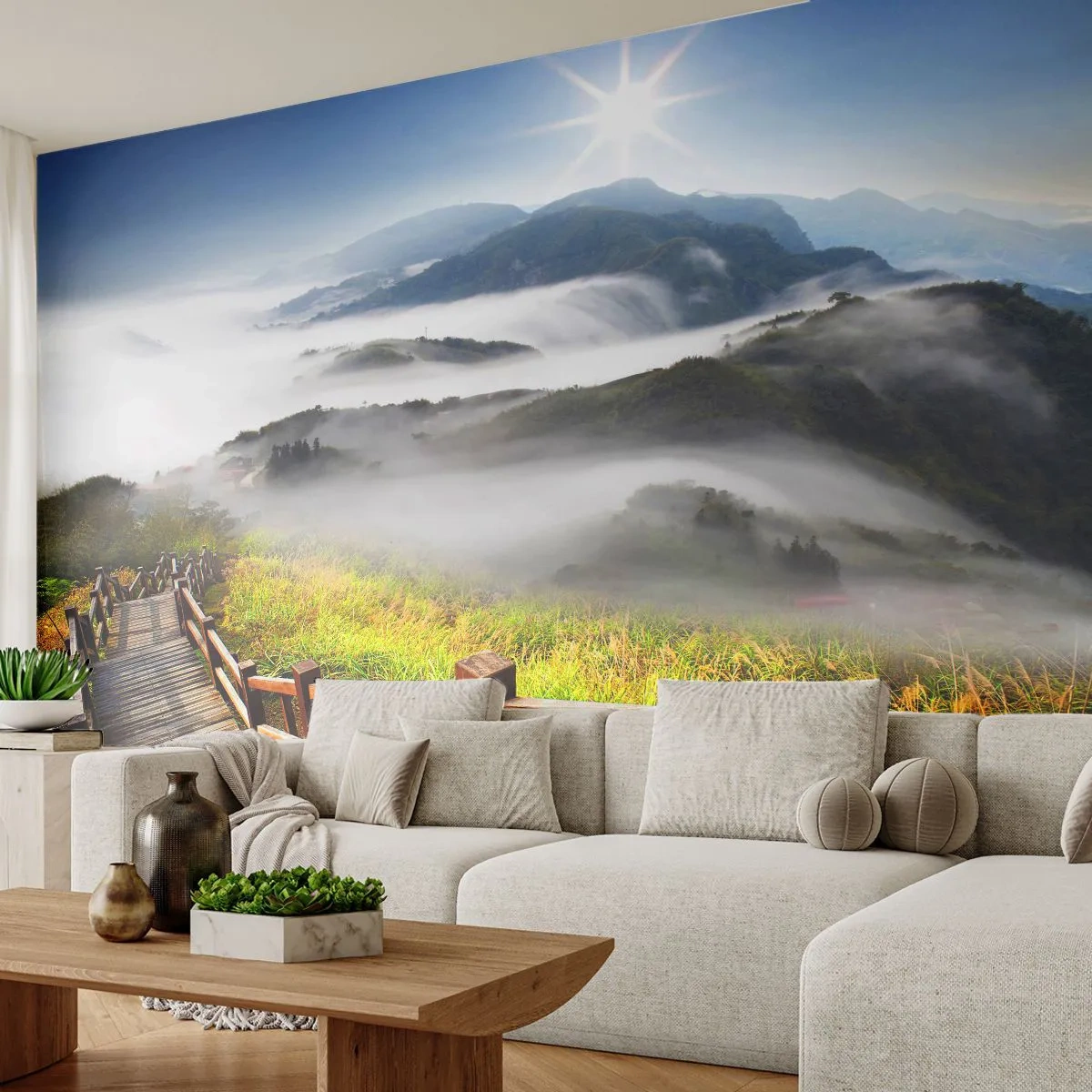 Fototapete Premium Sand - Gewebt aus Lichtschein und Nebel - Landschaft, Berge, Nationalpark - 100x70 cm