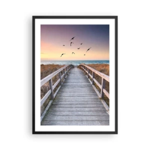 Poster in einem schwarzem Rahmen - Holzsteg zum Strand bei Sonnenuntergang - 50x70cm - Der Raum für Auffliegen - Moderne Wanddekoration für Wohnzimmer und Schlafzimmer ARTTOR