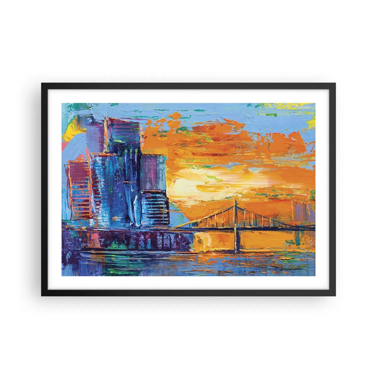 Poster in einem schwarzem Rahmen - Eine farbenfrohe Stadt mit einer Brücke in der untergehenden Sonne - 70x50cm - Kultur und Natur - Moderne Wanddekoration für Wohnzimmer und Schlafzimmer ARTTOR