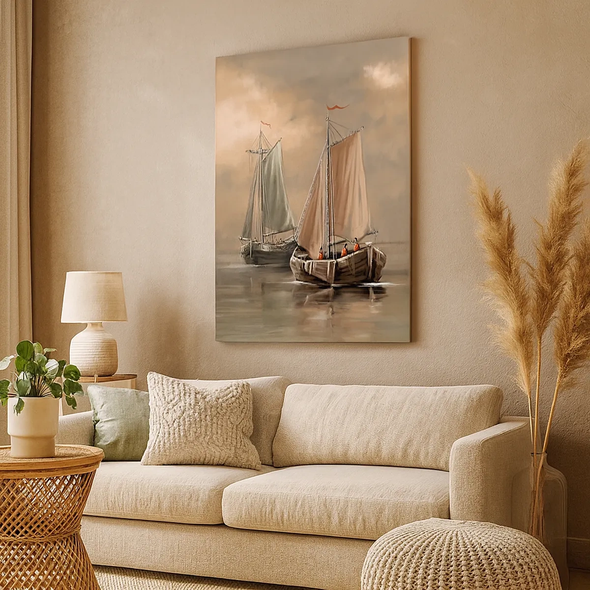 Bild auf Leinwand - Leinwandbild - Segelboote auf ruhigem Meer in pastellfarbener Umgebung - 50x70cm - Die Rückkehr der Matrosen - Moderne Wanddekoration für Wohnzimmer und Schlafzimmer ARTTOR