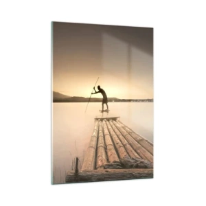 Glasbild - Bild auf glas - Ein Fischer auf einem Bambusfloß in der Abenddämmerung - 50x70cm - Vor dem schlafen gehen - Moderne Wanddekoration für Wohnzimmer und Schlafzimmer ARTTOR