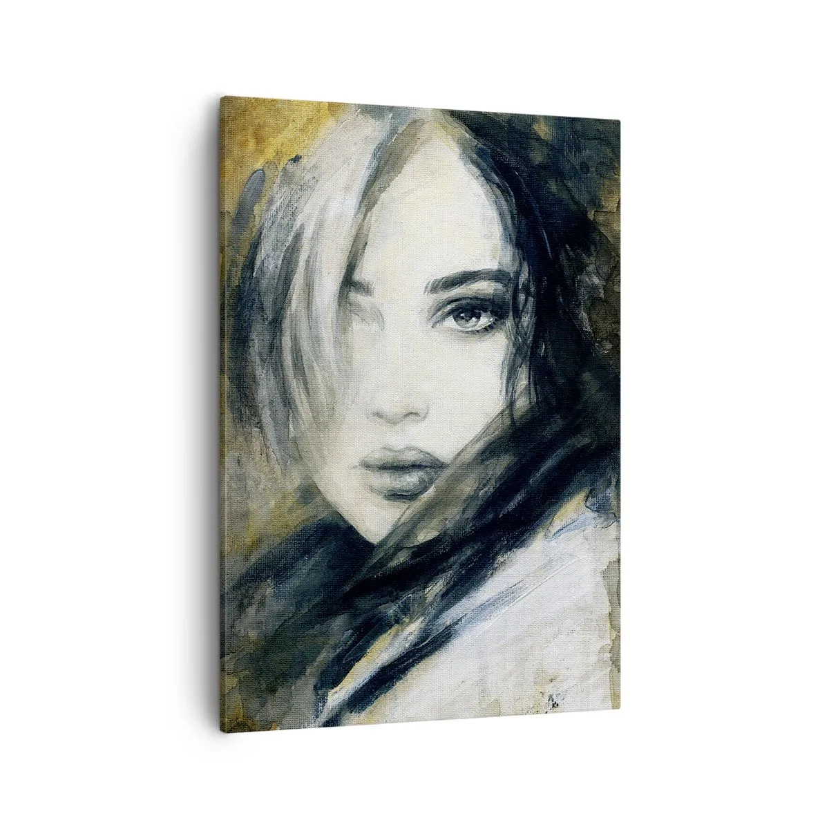 Bild auf Leinwand - Leinwandbild - Porträt einer Frau vor einem Hintergrund aus abstrakten Flecken in Beigetönen - 50x70cm - unschuldiger oder sinnlicher? - Moderne Wanddekoration für Wohnzimmer und Schlafzimmer ARTTOR