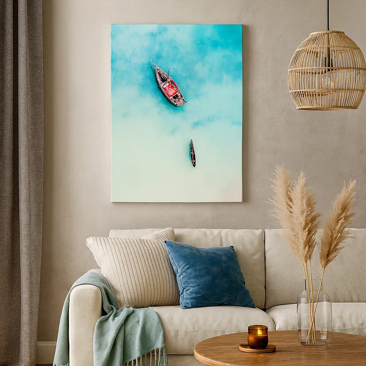 Bild auf Leinwand - Leinwandbild - Boote auf türkisfarbenem Wasser aus der Vogelperspektive - 50x70cm - Denn an den Stränden von Sansibar, wenn der Wasserüberschuss ... - Moderne Wanddekoration für Wohnzimmer und Schlafzimmer ARTTOR