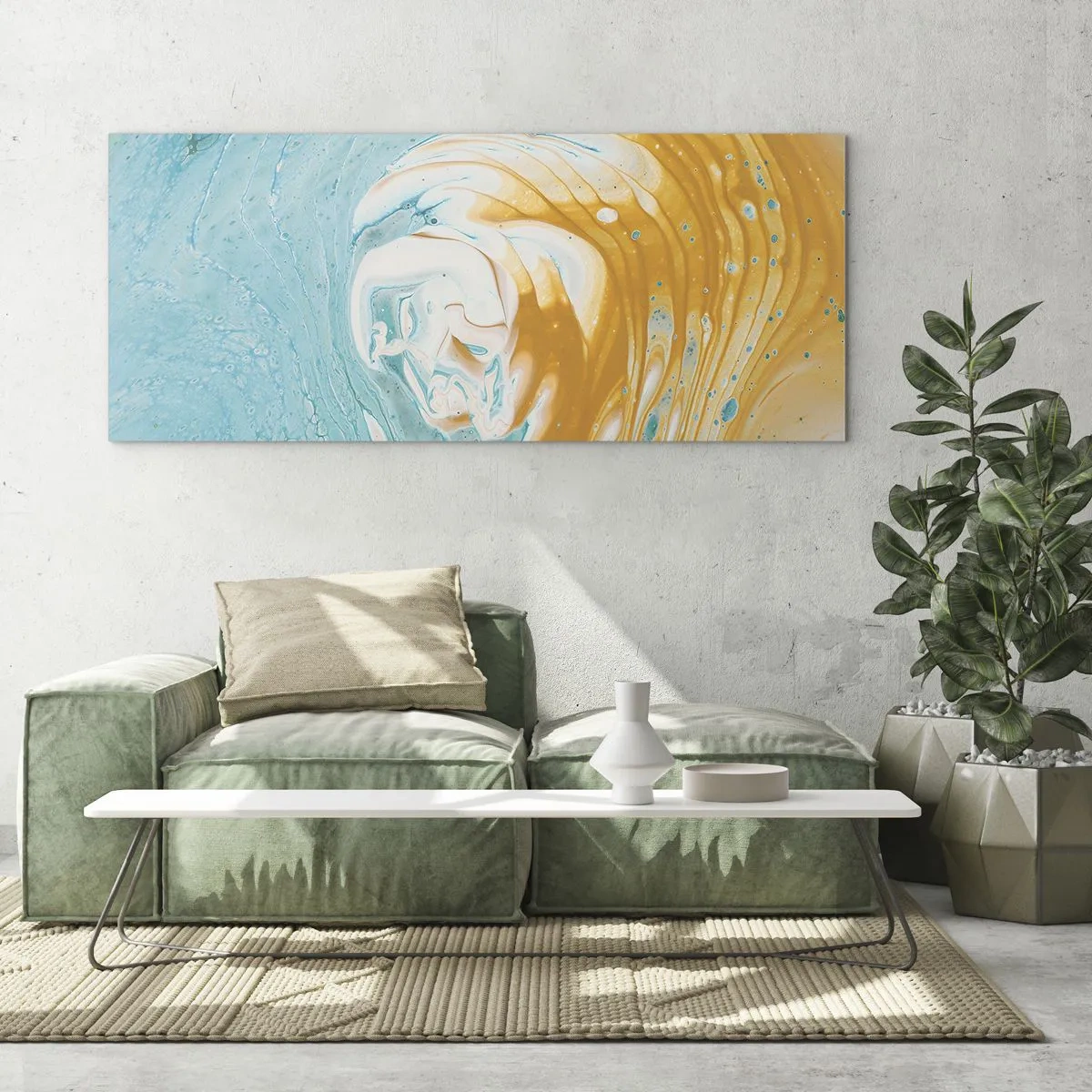 Glasbild - Bild auf glas - Abstrakte Wellen in Blau- und Goldtönen auf Leinwand - 120x50cm - Pastellwirbel - Moderne Wanddekoration für Wohnzimmer und Schlafzimmer ARTTOR