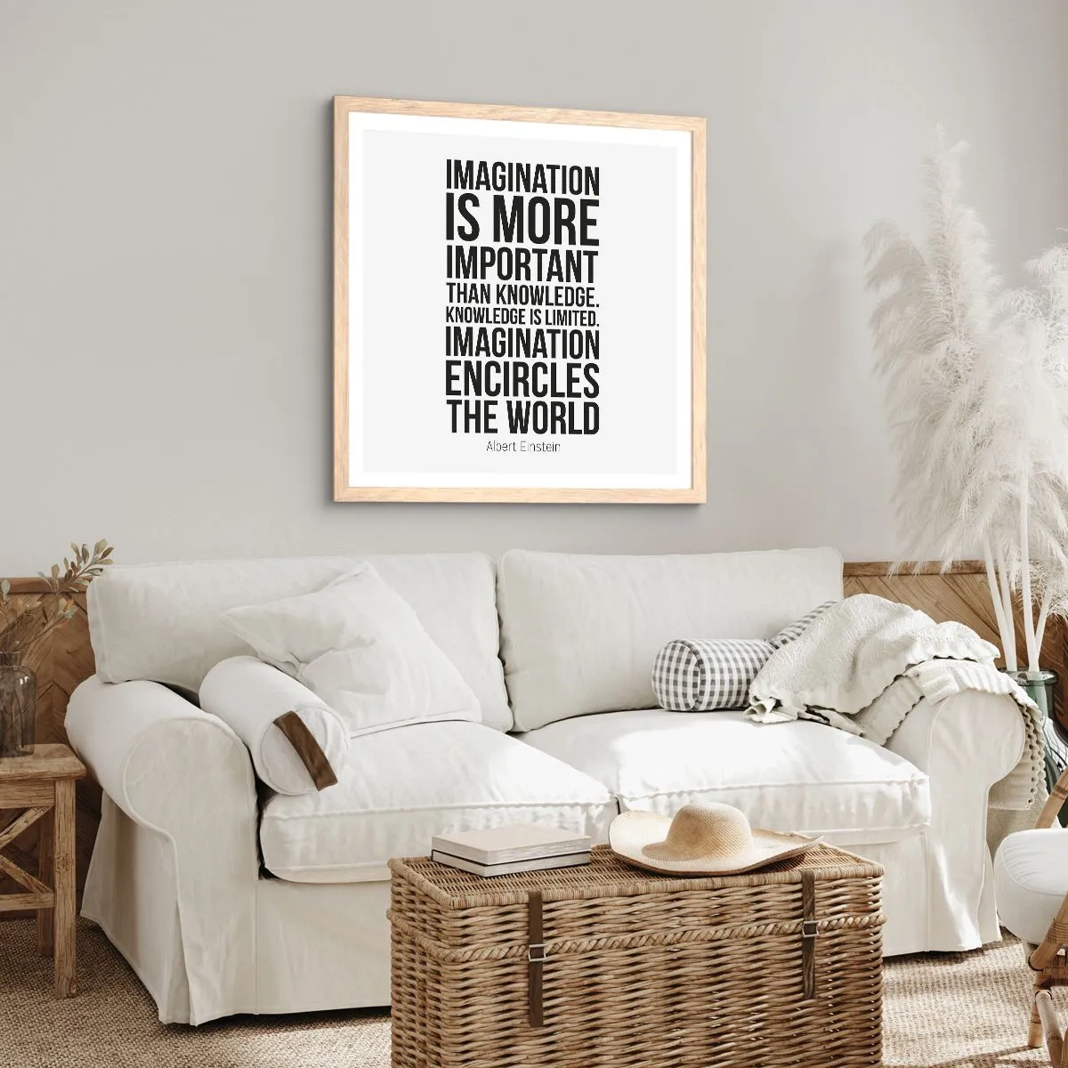 Poster in einem Rahmen aus heller Eiche - Einstein über die Kraft der Vorstellungskraft - 60x60 cm