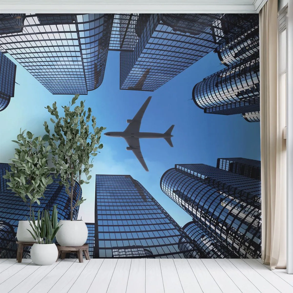 Fototapete Premium Sand - Moderne Wolkenkratzer und ein Flugzeug fliegen in den Himmel - 100x70cm - Der Blick aus der Glasschlucht - Moderne Wanddekoration für Wohnzimmer und Schlafzimmer ARTTOR