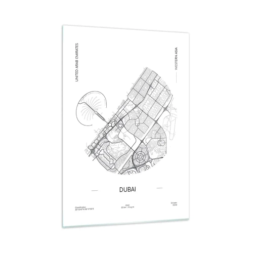 Glasbild - Bild auf glas - Eine minimalistische Karte von Dubai im Schwarz-Weiß-Stil. - 50x70cm - Anatomie von Dubai - Moderne Wanddekoration für Wohnzimmer und Schlafzimmer ARTTOR