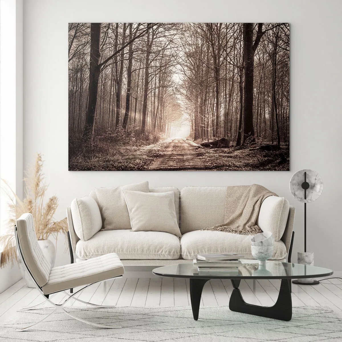 Glasbild - Bild auf glas - Waldweg im Morgennebel - 70x50cm - Waldkathedrale - Moderne Wanddekoration für Wohnzimmer und Schlafzimmer ARTTOR