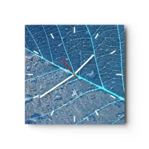 Wanduhr - Glasuhr - Ein Blatt in Blautönen mit Wassertropfen - 30x30cm - Leben in Blau - Moderne Wanddekoration für Wohnzimmer und Schlafzimmer ARTTOR