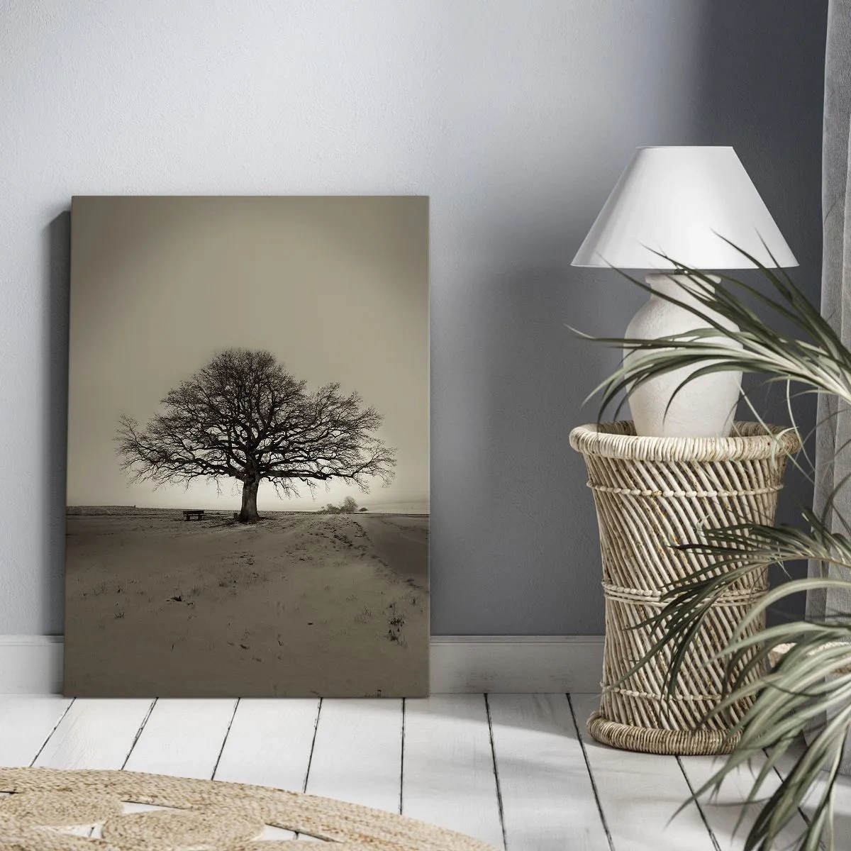Bild auf Leinwand - Leinwandbild - Ein einsamer Baum in einem Sepia-Feld - 50x70cm - Von hier zu Ewigkeit - Moderne Wanddekoration für Wohnzimmer und Schlafzimmer ARTTOR