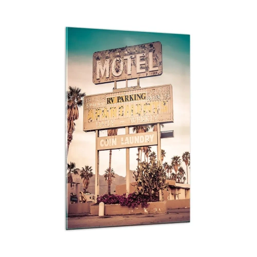 Glasbild - Bild auf glas - Retro-Motelschild, umgeben von Palmen - 80x120cm - Hier ist die Zeit stehen geblieben - Moderne Wanddekoration für Wohnzimmer und Schlafzimmer ARTTOR