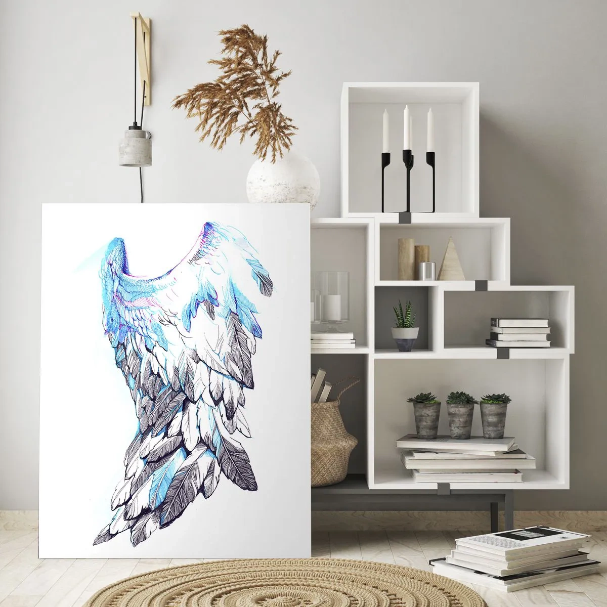 Glasbild - Bild auf glas - Engelsflügel in Blau- und Grautönen - 50x70cm - Ich brauche Flügel - Moderne Wanddekoration für Wohnzimmer und Schlafzimmer ARTTOR