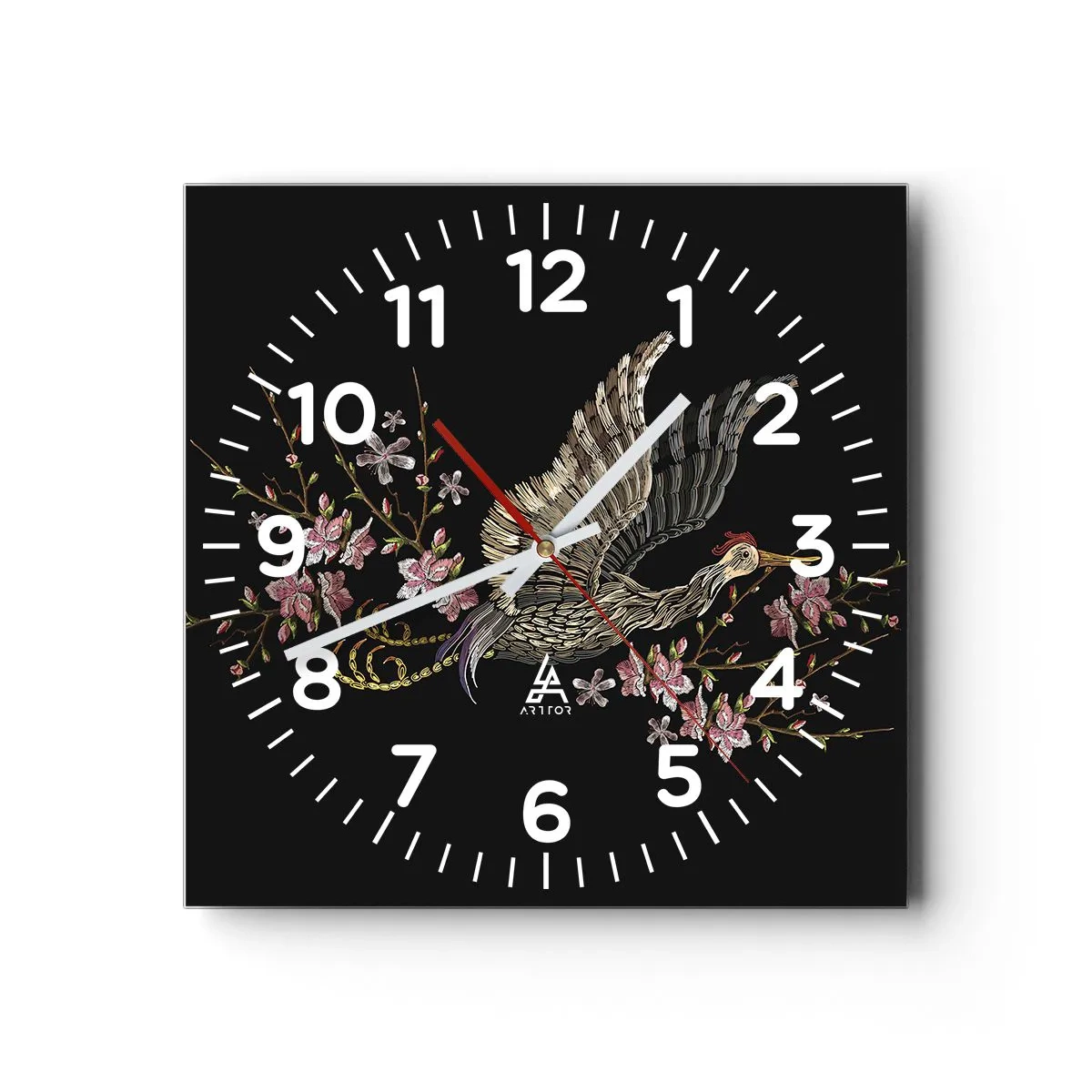 Wanduhr - Glasuhr - Exotischer gestickter Vogel - 40x40 cm