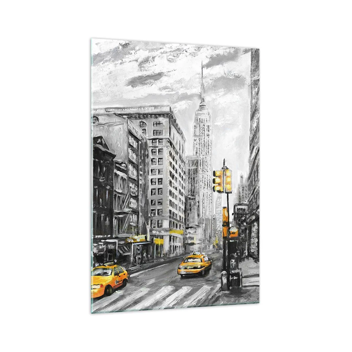 Glasbild - Bild auf glas - New Yorker Straße mit gelben Akzenten - 70x100cm - Eine New Yorker Geschichte - Moderne Wanddekoration für Wohnzimmer und Schlafzimmer ARTTOR