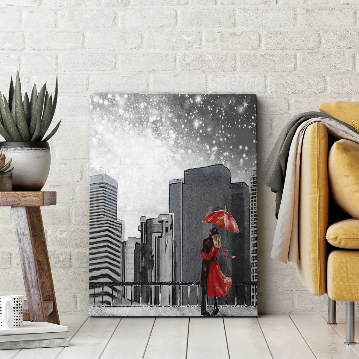 Bild auf Leinwand - Leinwandbild - Ein Paar in Rot mit einem Regenschirm vor dem Hintergrund einer Stadtlandschaft - 50x70cm - Der Mensch ist kein Stein - Moderne Wanddekoration für Wohnzimmer und Schlafzimmer ARTTOR