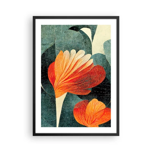 Poster in einem schwarzem Rahmen - Abstrakte Blumen in Orange- und Grüntönen - 50x70cm - Hitze der Tropen und Kühle des Grüns - Moderne Wanddekoration für Wohnzimmer und Schlafzimmer ARTTOR