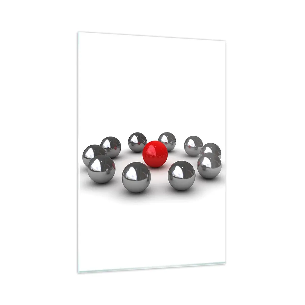 Glasbild - Bild auf glas - Eine rote Kugel, umgeben von silbernen Kugeln auf weißem Hintergrund - 80x120cm - Ein Kreis in Silber und Rot - Moderne Wanddekoration für Wohnzimmer und Schlafzimmer ARTTOR