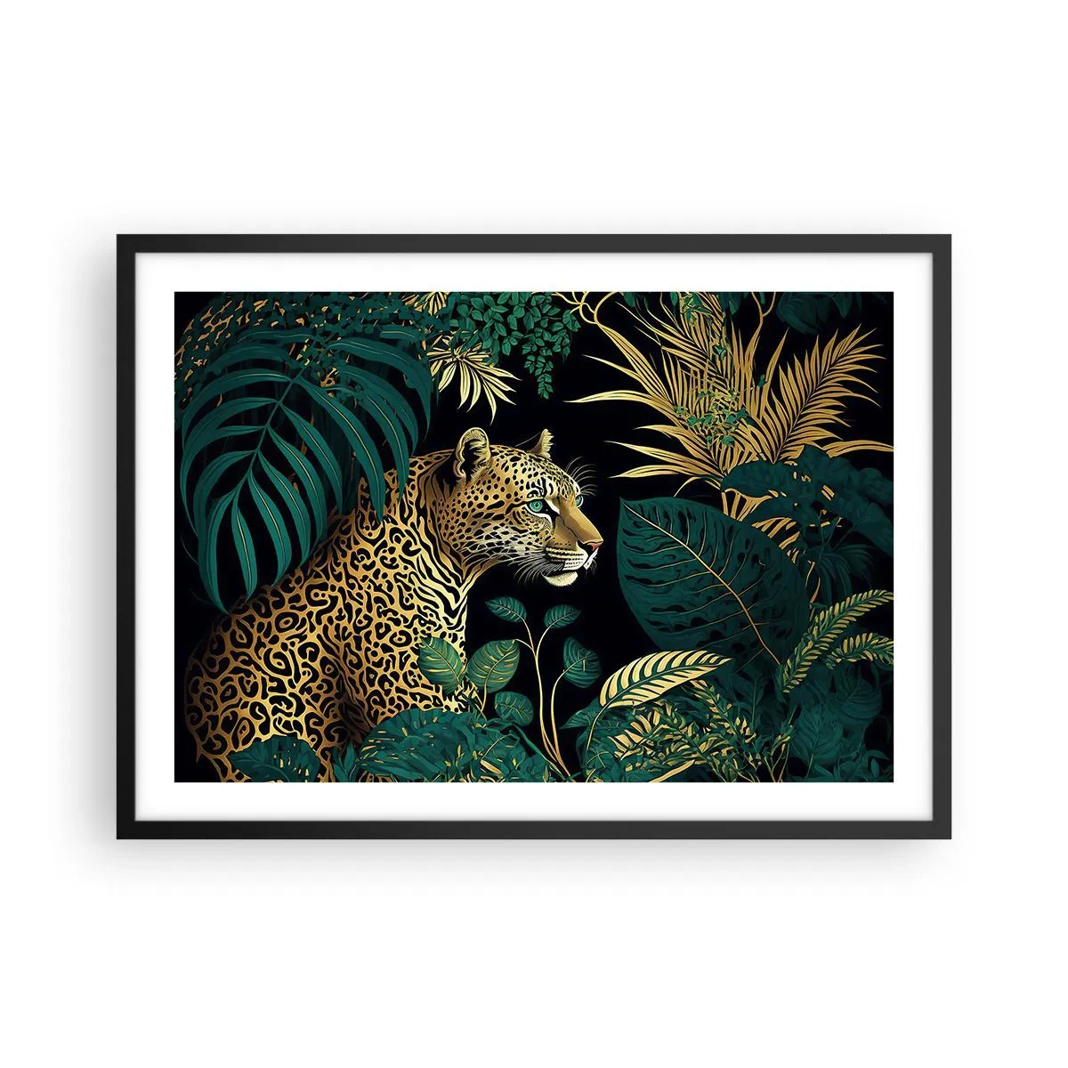 Poster in einem schwarzem Rahmen - Leopard in tropischen Blättern auf schwarzem Hintergrund - 70x50cm - Gastgeber im Dschungel - Moderne Wanddekoration für Wohnzimmer und Schlafzimmer ARTTOR