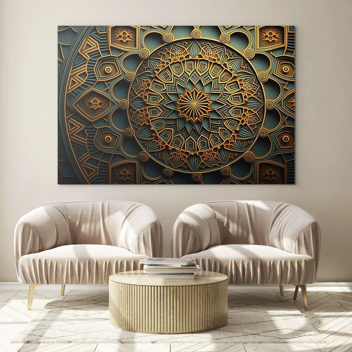 Glasbild - Bild auf glas - Gold- und Türkisornament im Stil eines arabischen Mosaiks - 100x70cm - In arabischer Atmosphäre - Moderne Wanddekoration für Wohnzimmer und Schlafzimmer ARTTOR