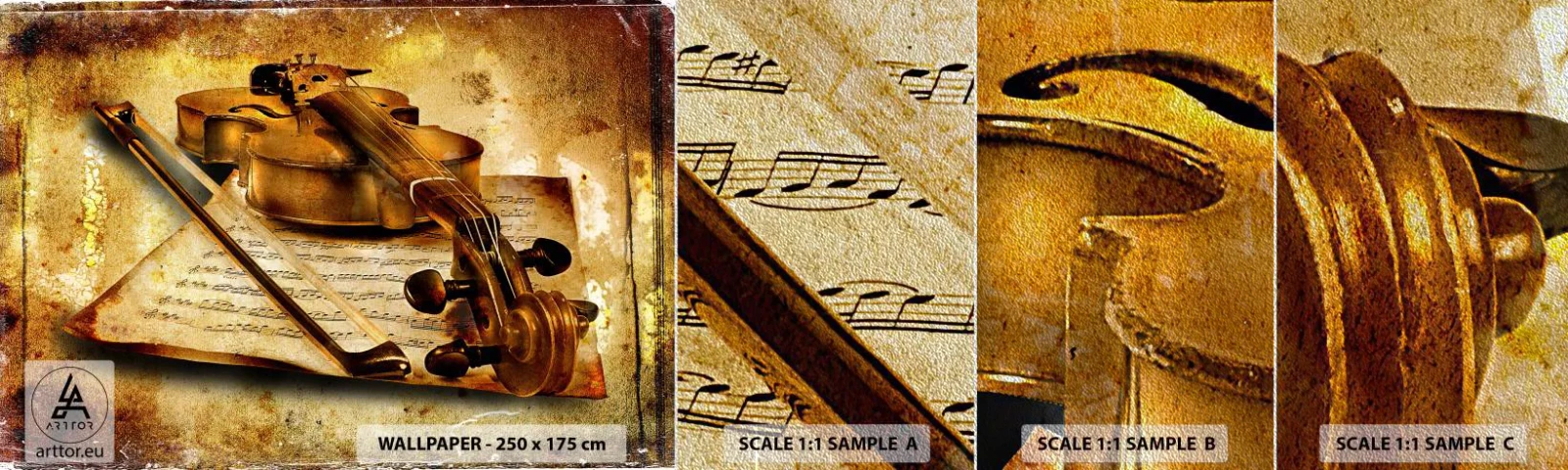 Fototapeten Muster Premium Sand - Ein Virtuose dringend benötigt - Geige, Musik, Musiknoten - 100x30 cm