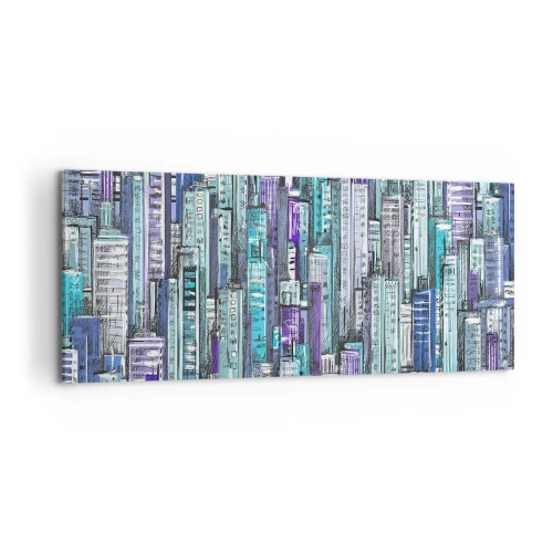 Bild auf Leinwand - Leinwandbild - Illustration einer Stadt mit geometrischen Gebäuden in Blau- und Lilatönen. - 120x50cm - Bläulich von dem Himmel - Moderne Wanddekoration für Wohnzimmer und Schlafzimmer ARTTOR