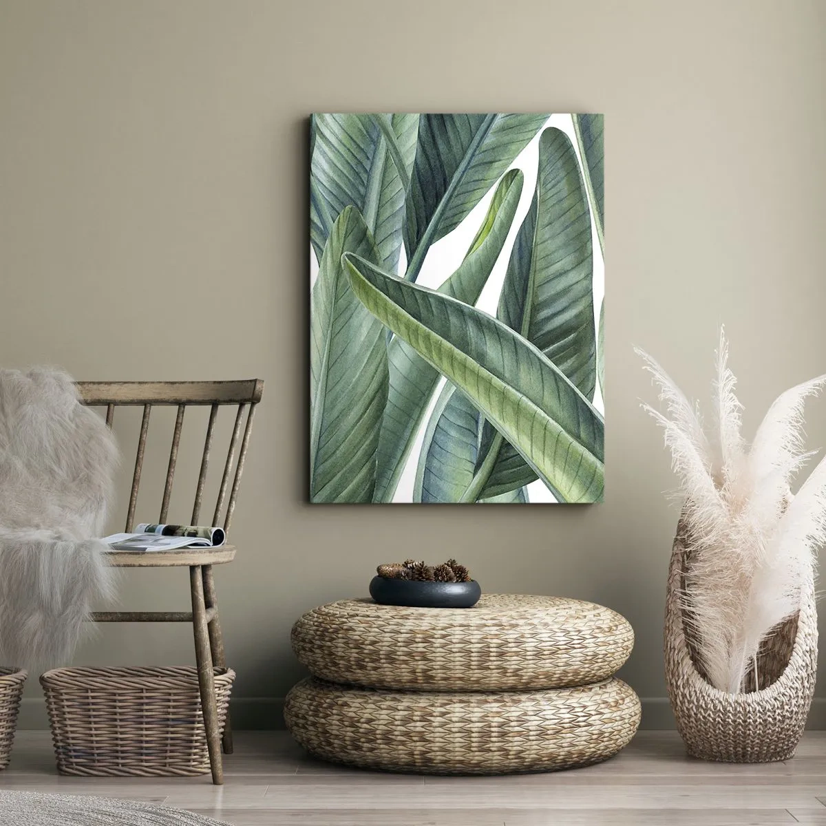 Bild auf Leinwand - Leinwandbild - Grüne Blätter im minimalistischen, botanischen Stil - 70x100cm - An und für sich Grün - Moderne Wanddekoration für Wohnzimmer und Schlafzimmer ARTTOR