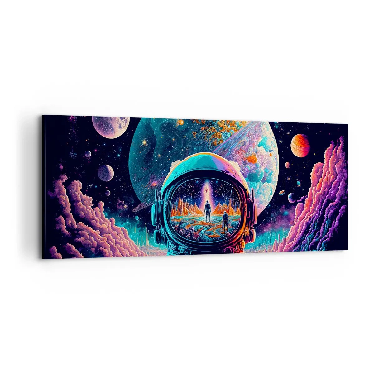 Bild auf Leinwand - Leinwandbild - Astronaut im Weltraum mit einer farbenfrohen Planetenlandschaft - 120x50cm - Philosophen haben nicht davon geträumt - Moderne Wanddekoration für Wohnzimmer und Schlafzimmer ARTTOR