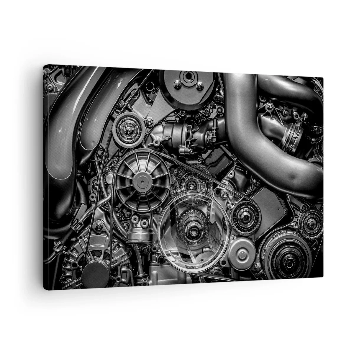 Bild auf Leinwand - Leinwandbild - Schwarz-Weiß-Nahaufnahme der mechanischen Details eines Automotors. - 70x50cm - Die Poesie der Mechanik - Moderne Wanddekoration für Wohnzimmer und Schlafzimmer ARTTOR
