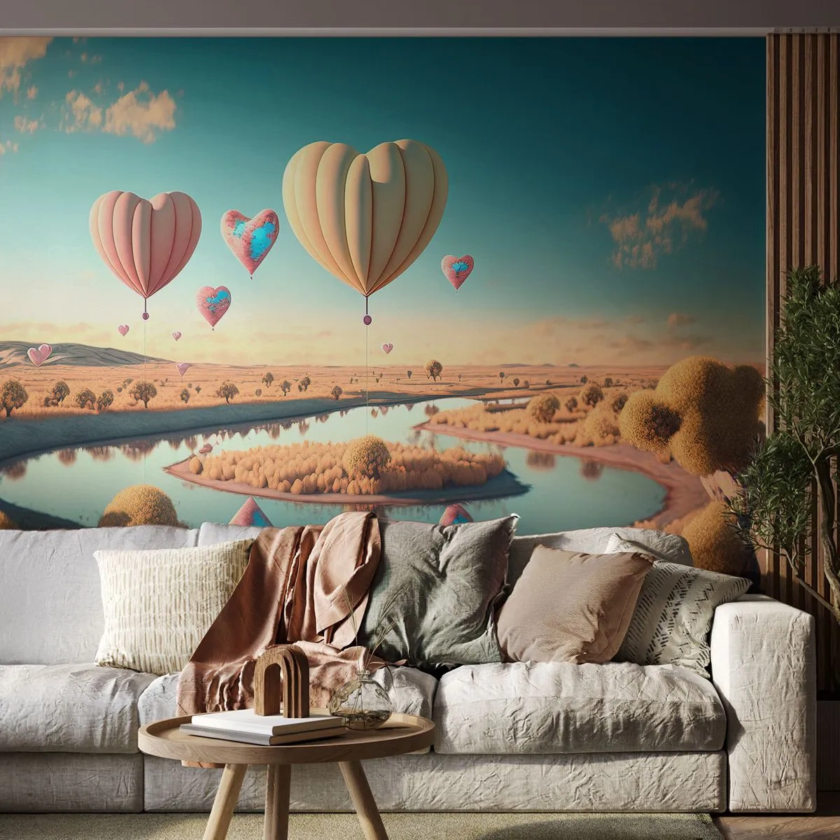 Fototapete Premium Sand - Dank Liebe steigt man auf - Luftballons, Pastell, Süßigkeiten - 350x256 cm