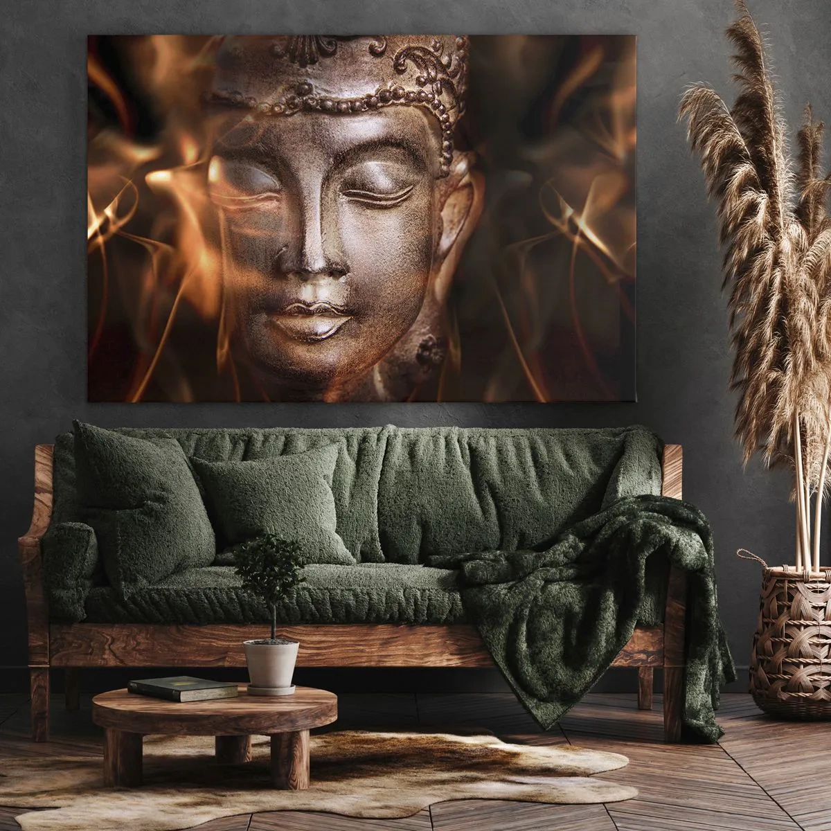Bild auf Leinwand - Leinwandbild - Eine Buddha-Statue inmitten von Flammen in goldenen Farbtönen - 120x80cm - Es existiert nur hier und jetzt - Moderne Wanddekoration für Wohnzimmer und Schlafzimmer ARTTOR
