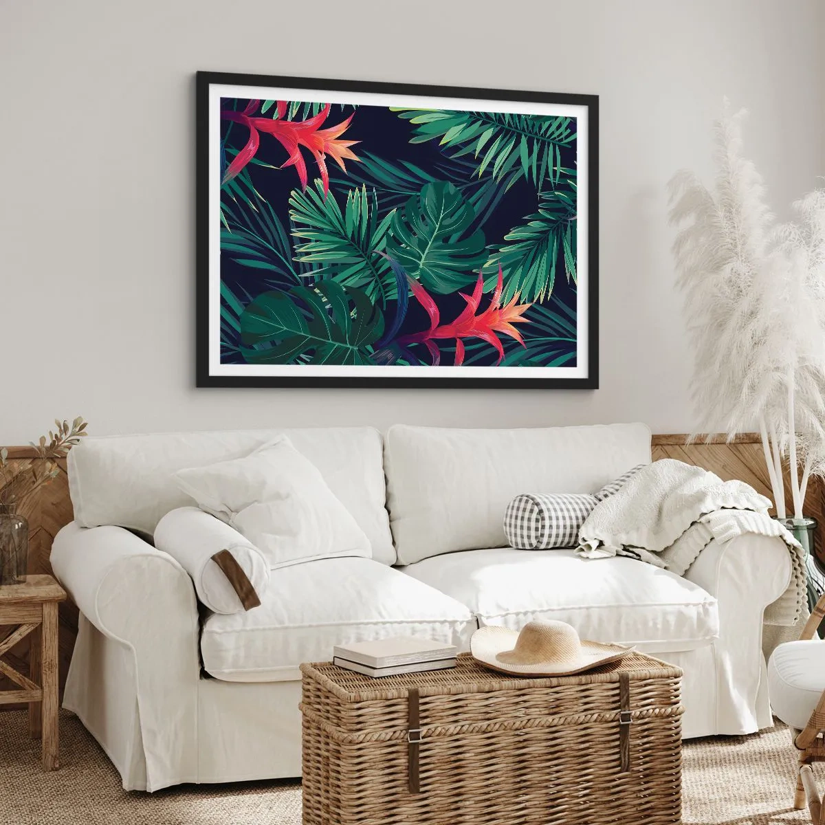 Poster in einem schwarzem Rahmen - Tropische Blätter und Blüten auf dunklem Hintergrund - 70x50cm - Im Grünen in Flammen gehen - Moderne Wanddekoration für Wohnzimmer und Schlafzimmer ARTTOR