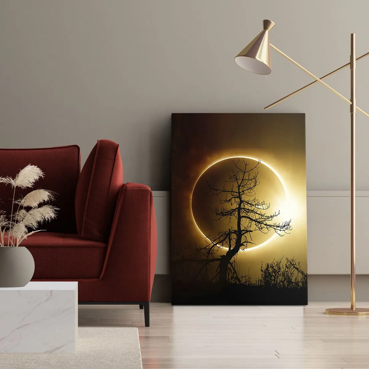 Bild auf Leinwand - Leinwandbild - Sonnenfinsternis mit einer Baumsilhouette im Vordergrund - 50x70cm - Totale Finsternis - Moderne Wanddekoration für Wohnzimmer und Schlafzimmer ARTTOR