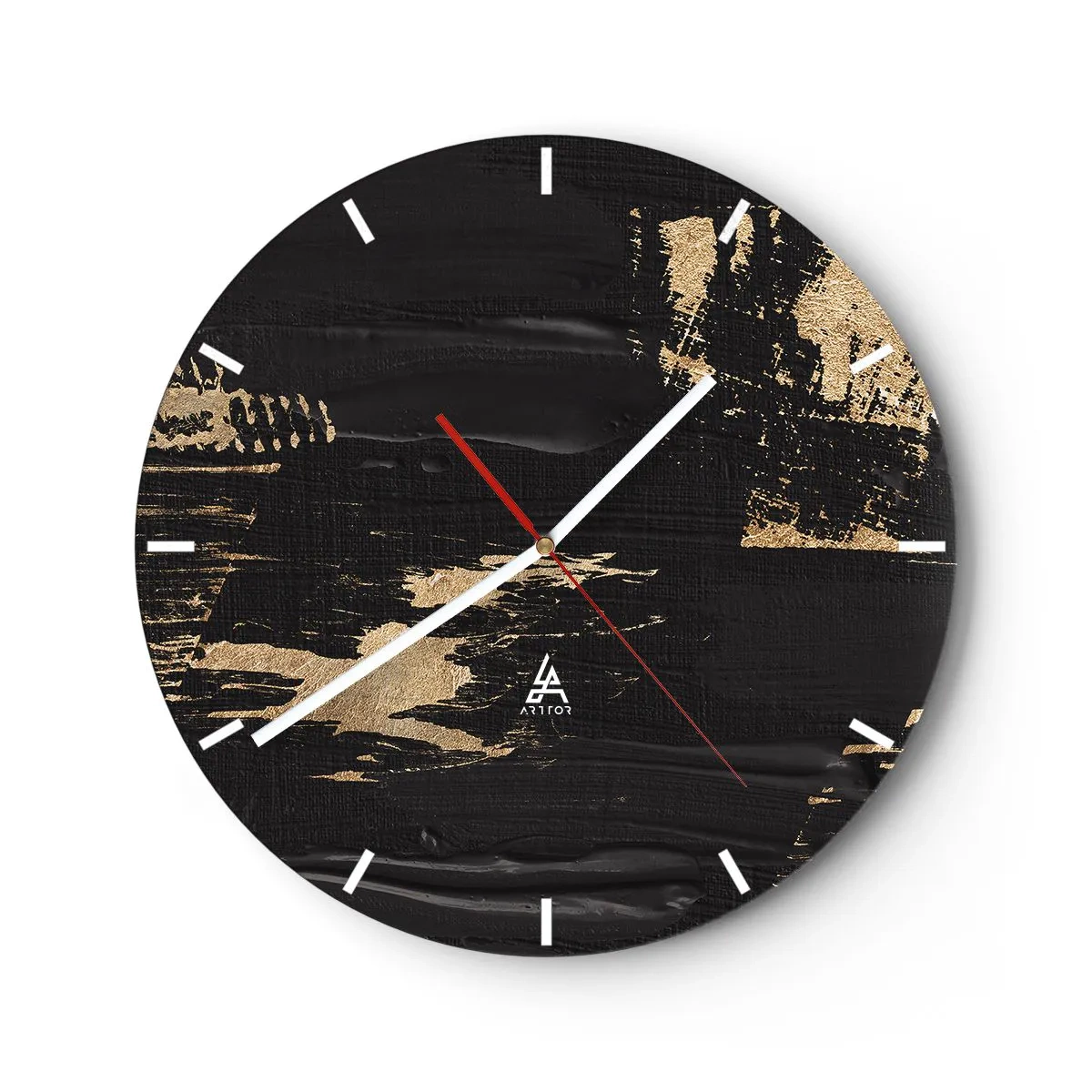 Wanduhr - Glasuhr - Schwarzer Hintergrund mit dynamischen goldenen Pinselstrichen - 30x30cm - Spur einer Berührung - Moderne Wanddekoration für Wohnzimmer, Küche und Schlafzimmer ARTTOR