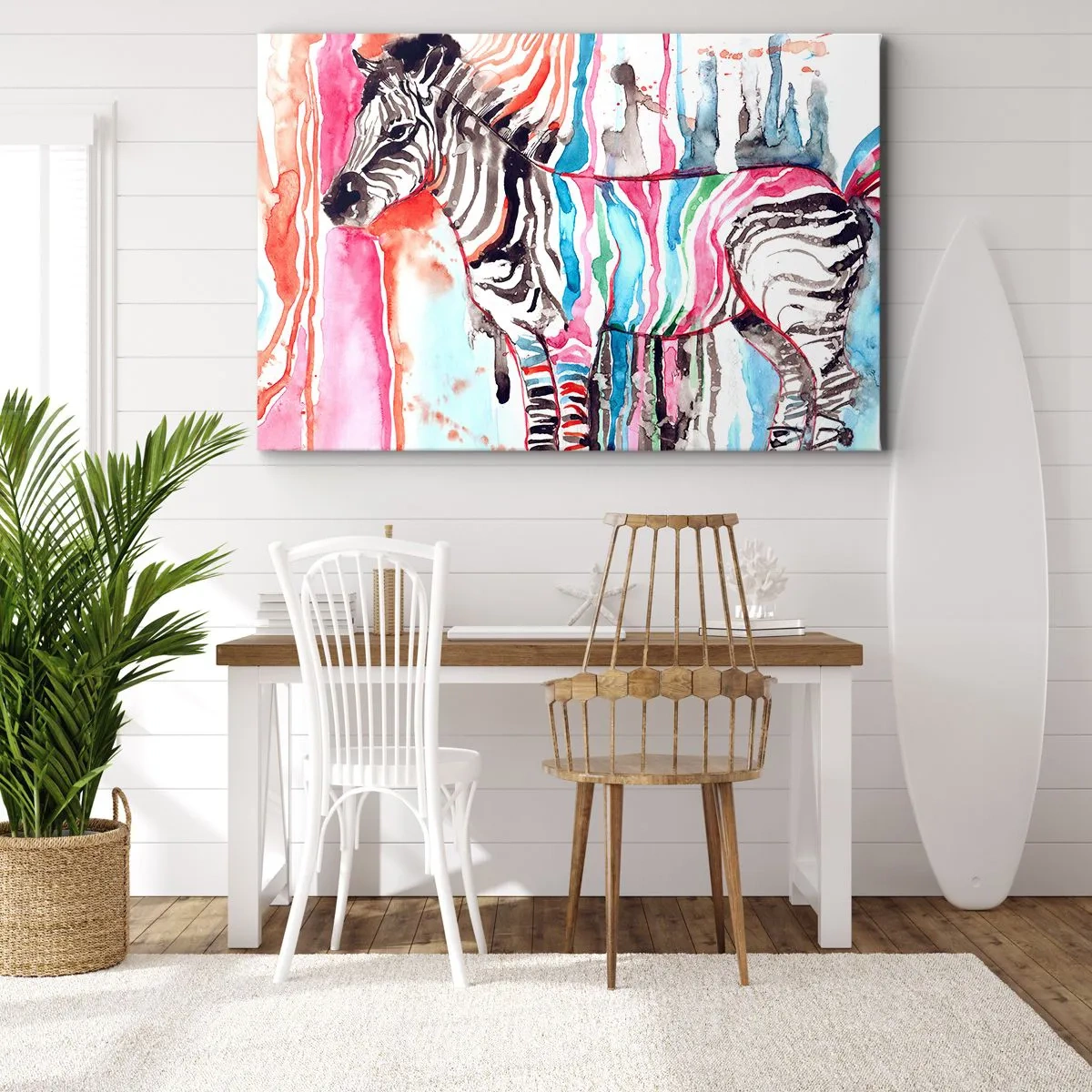 Bild auf Leinwand - Leinwandbild - Ein buntes Zebra vor einem Hintergrund aus abstrakten Aquarellmustern - 120x80cm - Unbeschwerter Witz der Natur - Moderne Wanddekoration für Wohnzimmer und Schlafzimmer ARTTOR