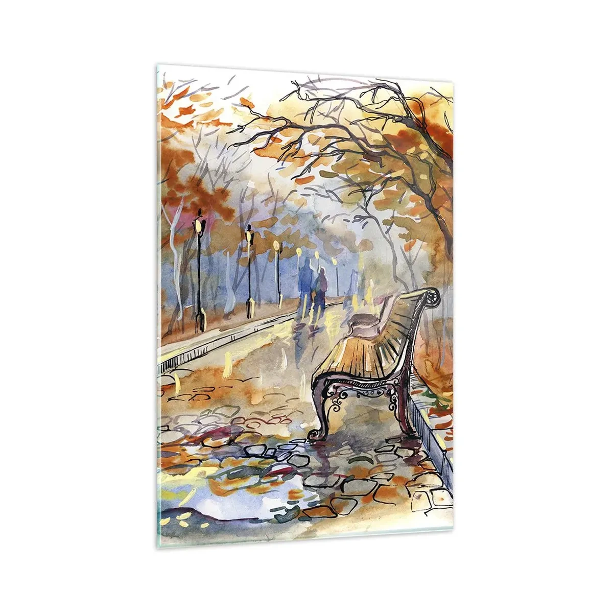 Glasbild - Bild auf glas - Ein herbstlicher Park mit einer Bank in Aquarell - 80x120cm - Gemeinsam im Herbst wandern - Moderne Wanddekoration für Wohnzimmer und Schlafzimmer ARTTOR