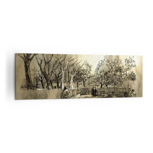 Bild auf Leinwand - Leinwandbild - Eine Cartoon-Szene eines Parks mit spazierenden Menschen in warmen Tönen. - 160x50cm - Ein Moment mit einer Feder angehalten - Moderne Wanddekoration für Wohnzimmer und Schlafzimmer ARTTOR