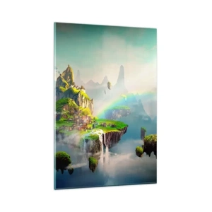 Glasbild - Bild auf glas - Fliegende Inseln zwischen den Wolken mit einem Regenbogen am Horizont - 80x120cm - Mitten am Himmel - glückliche Inseln - Moderne Wanddekoration für Wohnzimmer und Schlafzimmer ARTTOR