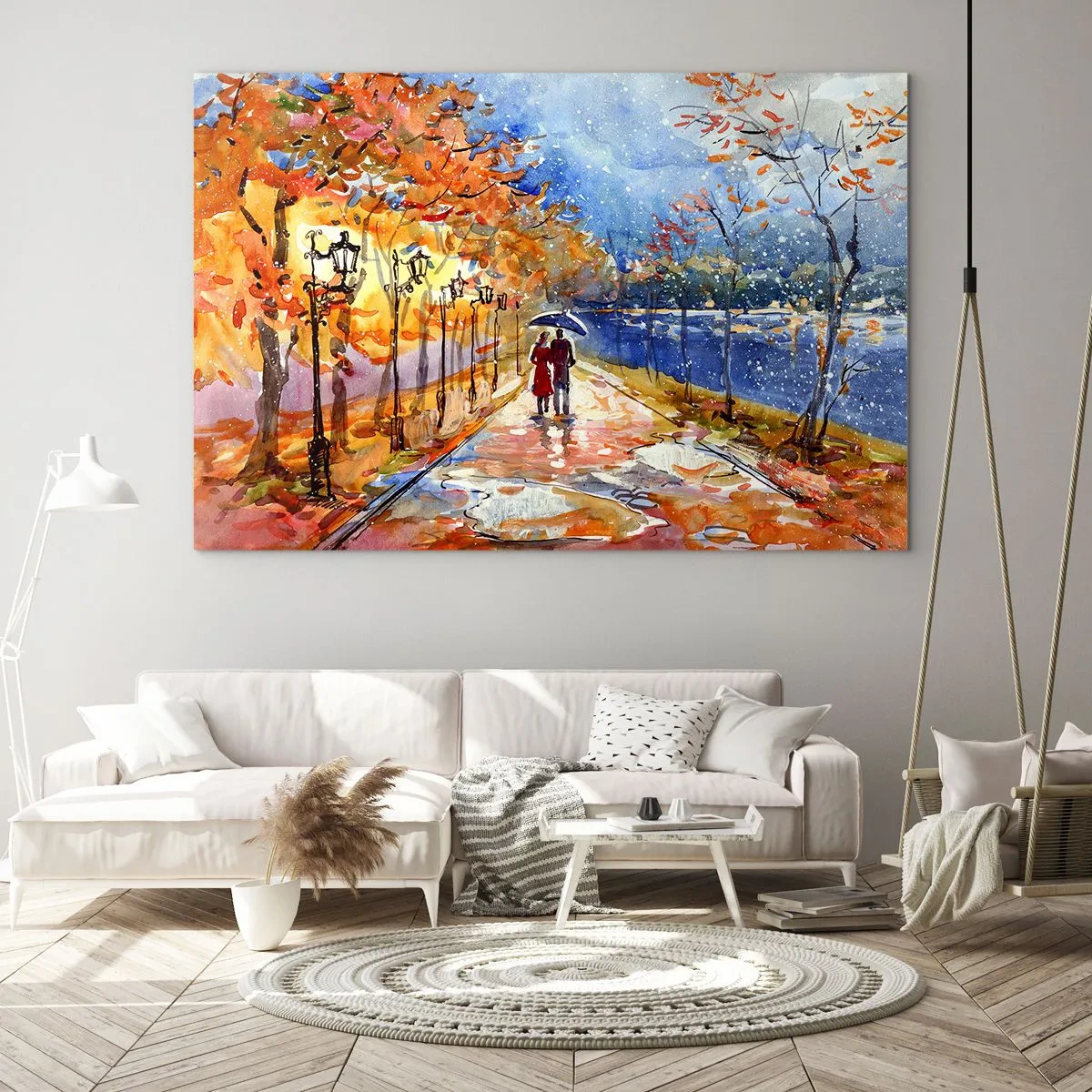 Glasbild - Bild auf glas - Ein Herbstspaziergang entlang der Allee mit bunten Blättern und Laternen - 120x80cm - Gemeinsam bis an die Grenze der Zeit - Moderne Wanddekoration für Wohnzimmer und Schlafzimmer ARTTOR