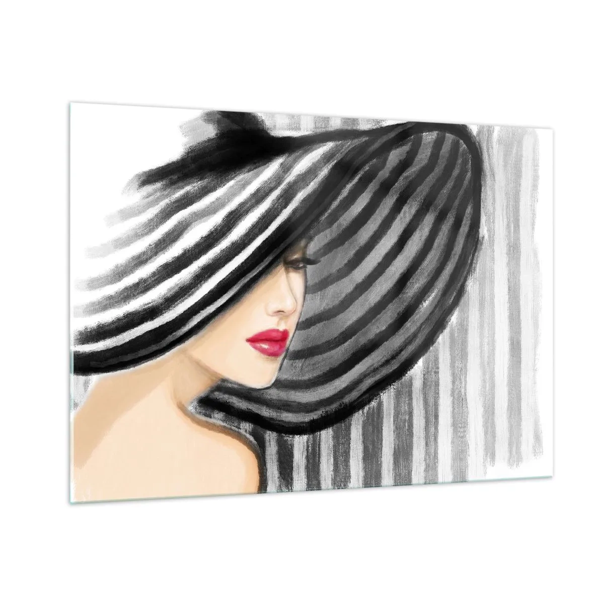 Glasbild - Bild auf glas - Stilvolle Frau mit schwarz-weiß gestreiftem Hut - 100x70cm - Wo soll ich dich finden? - Moderne Wanddekoration für Wohnzimmer und Schlafzimmer ARTTOR