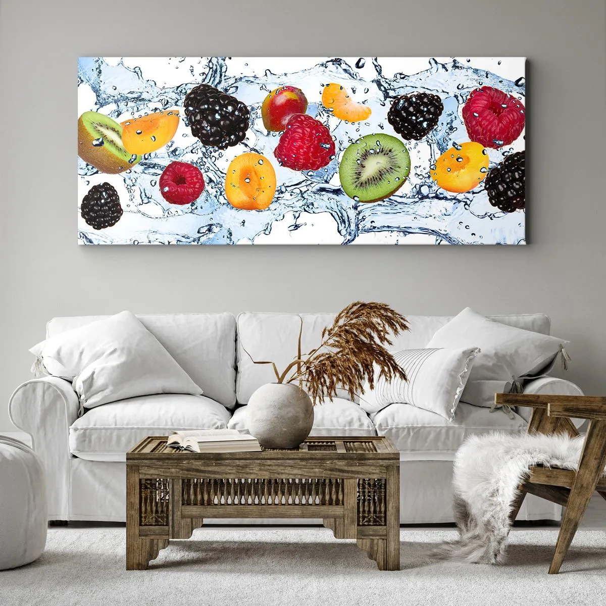Bild auf Leinwand - Leinwandbild - Bunte Früchte in Wasserspritzern auf weißem Hintergrund eingetaucht - 120x50cm - Viel Spaß mit uns - Moderne Wanddekoration für Wohnzimmer und Schlafzimmer ARTTOR