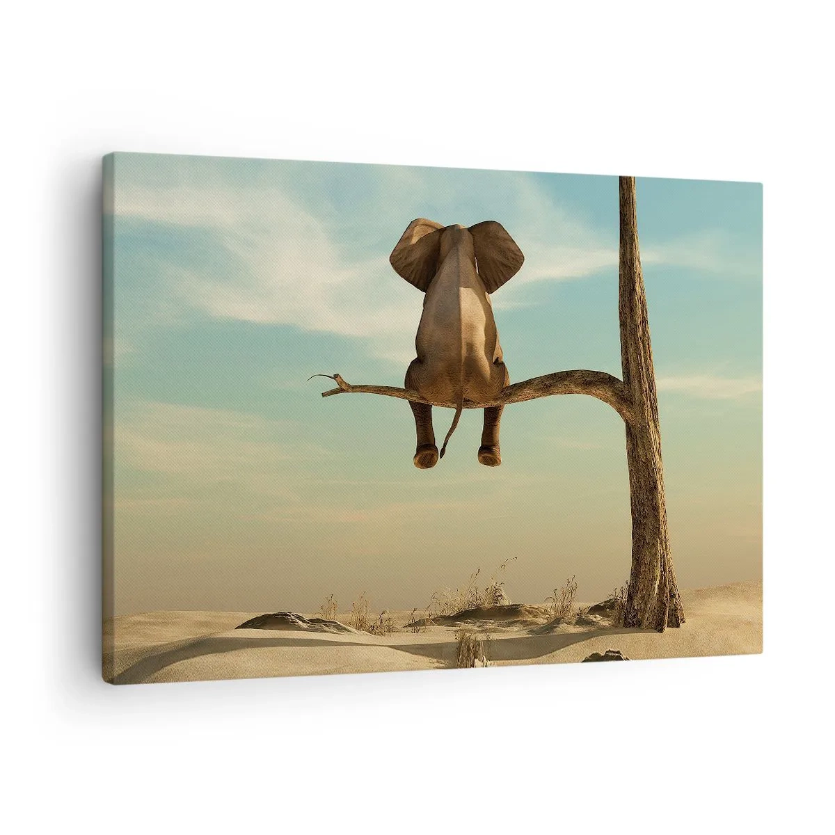 Bild auf Leinwand - Leinwandbild - Ein Elefant sitzt auf einem Ast und blickt auf eine Wüstenlandschaft - 70x50cm - Neuer Blickwinkel - Moderne Wanddekoration für Wohnzimmer und Schlafzimmer ARTTOR