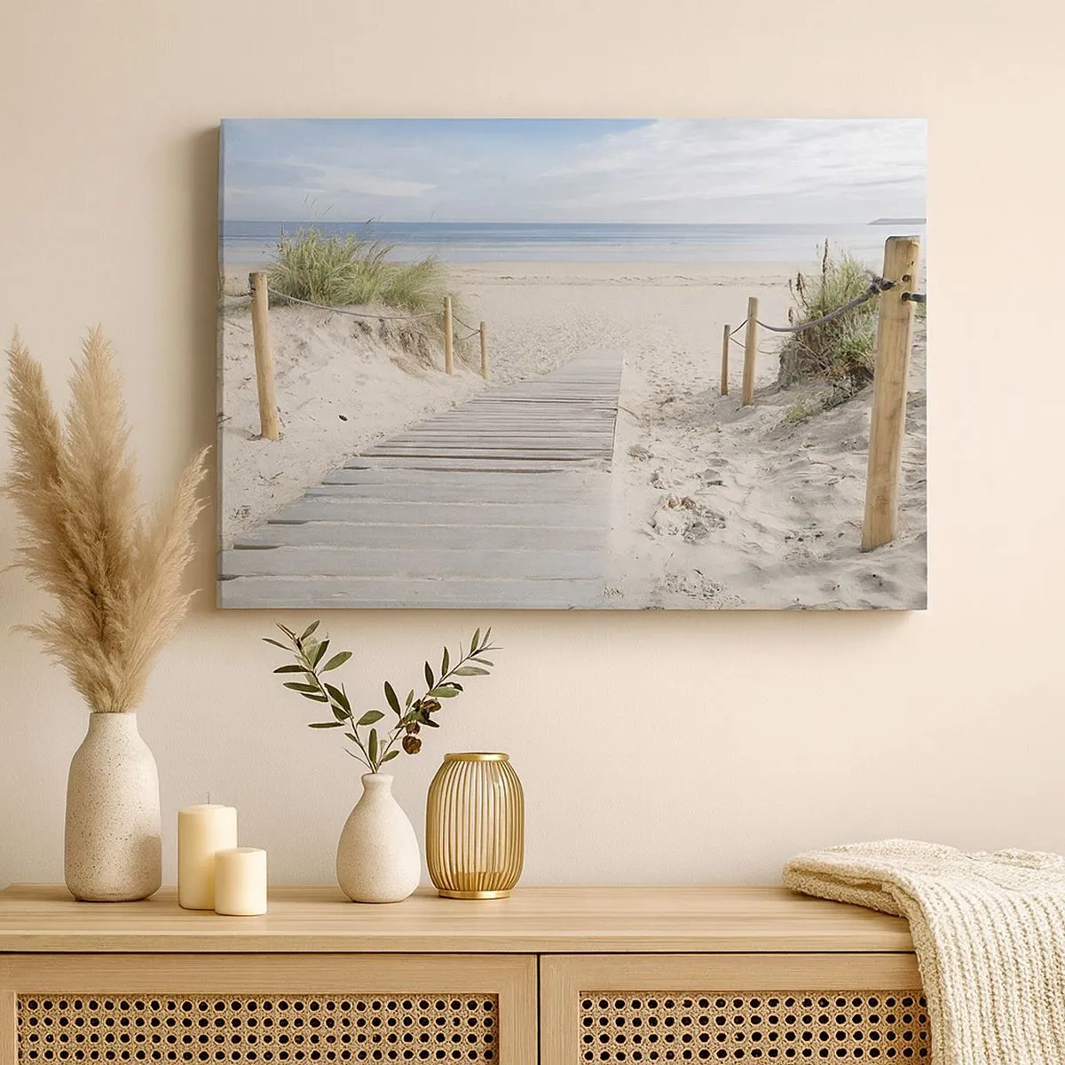 Bild auf Leinwand - Leinwandbild - Ein Plankenweg, der zu einem Sandstrand führt - 70x50cm - Bis zum Horizont - Moderne Wanddekoration für Wohnzimmer und Schlafzimmer ARTTOR