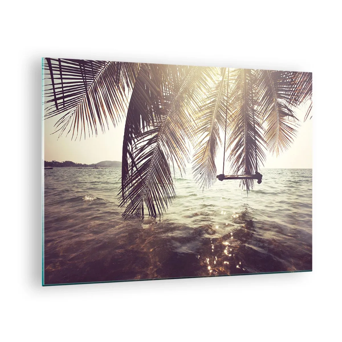 Glasbild - Bild auf glas - Ein Strand mit Palmen und einer Schaukel über einem ruhigen Meer - 70x50cm - Sie können nach Belieben in den Wolken schwingen - Moderne Wanddekoration für Wohnzimmer und Schlafzimmer ARTTOR